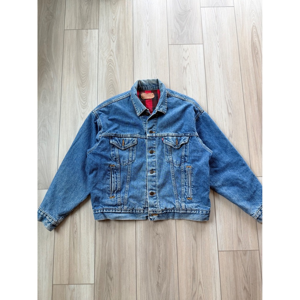 Vintage Levi's Denim Trucker Jacket Mens L Blue Plaid Flannel Lined 70417 0814